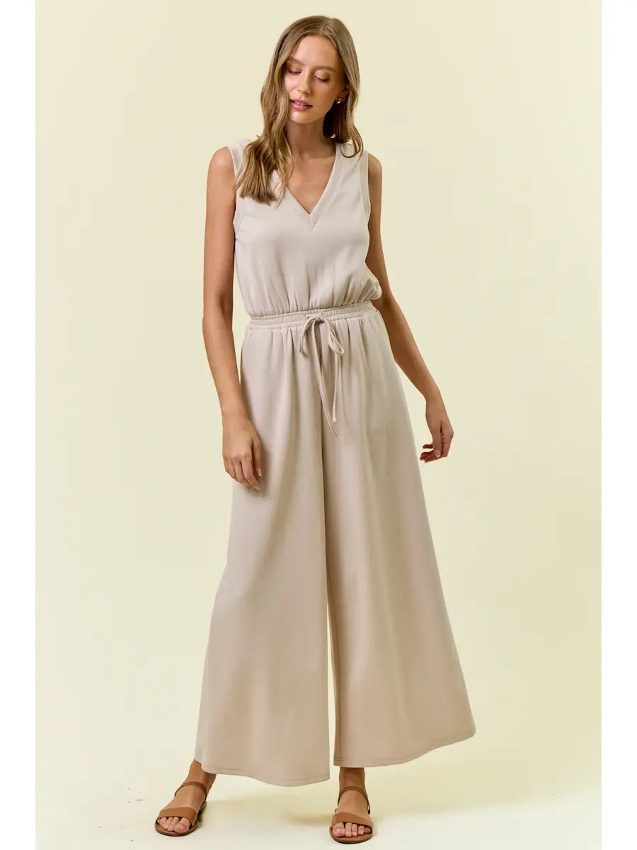 V-Neck Brushed Modal Wide Leg Jumpsuit