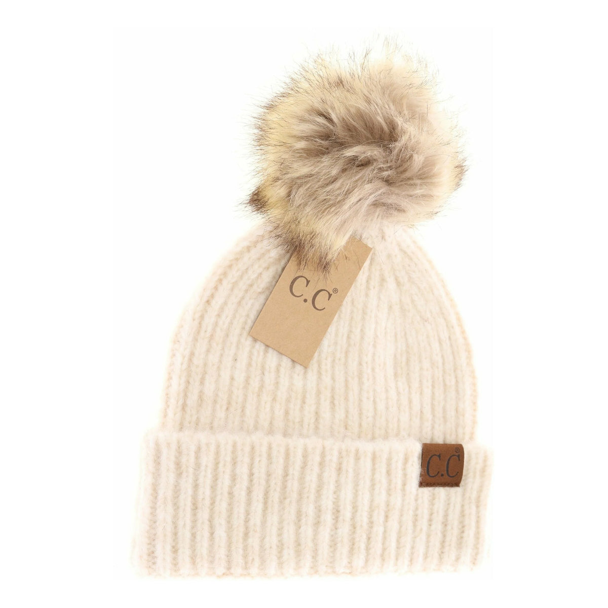 Soft Ribbed Fur Pom CC Beanie
