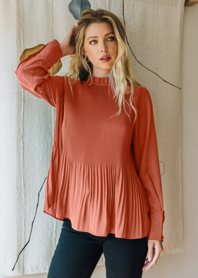 red ruffle neck blouse