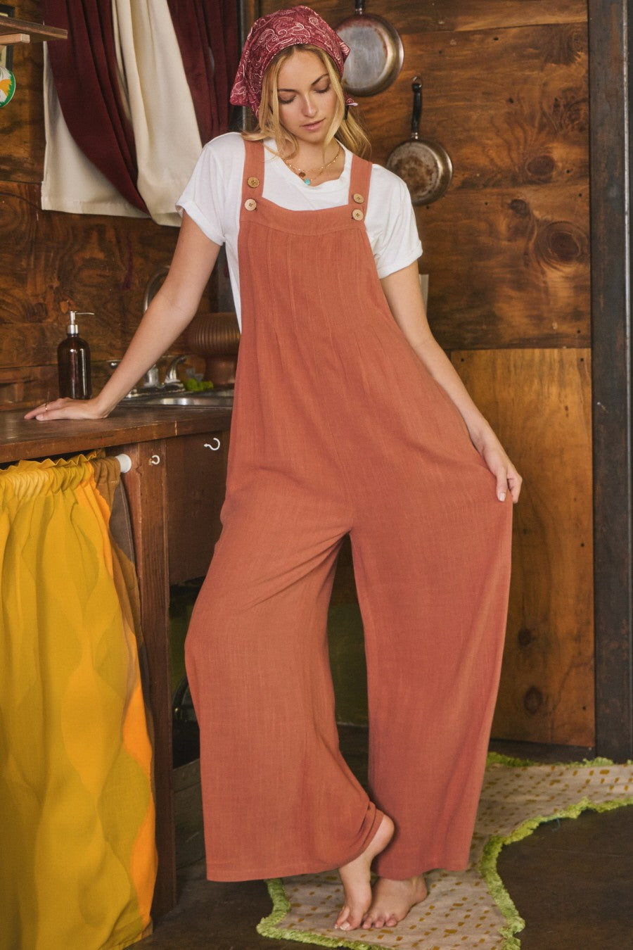 Solid Button Wide Leg Overalls
