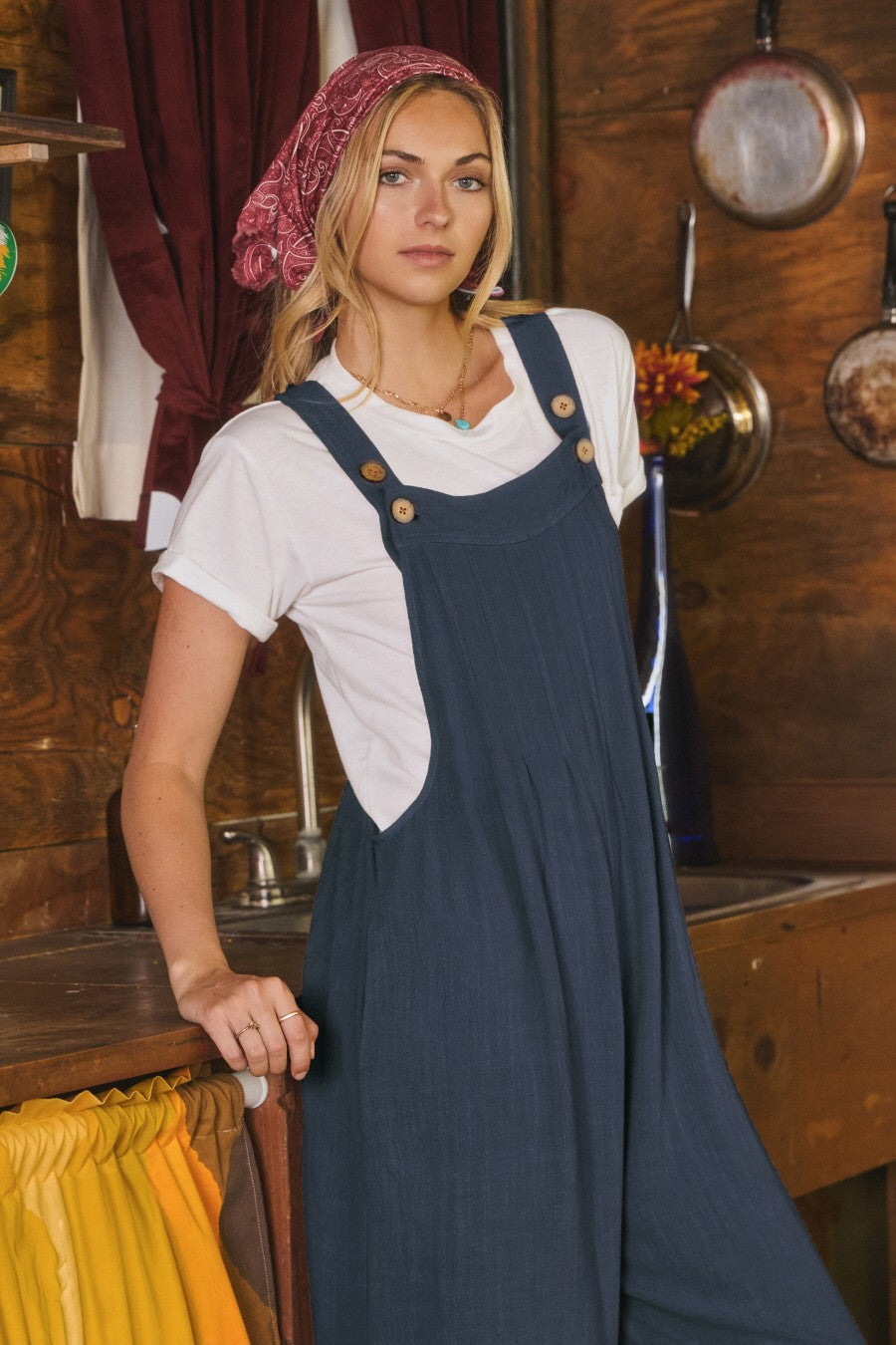 Solid Button Wide Leg Overalls