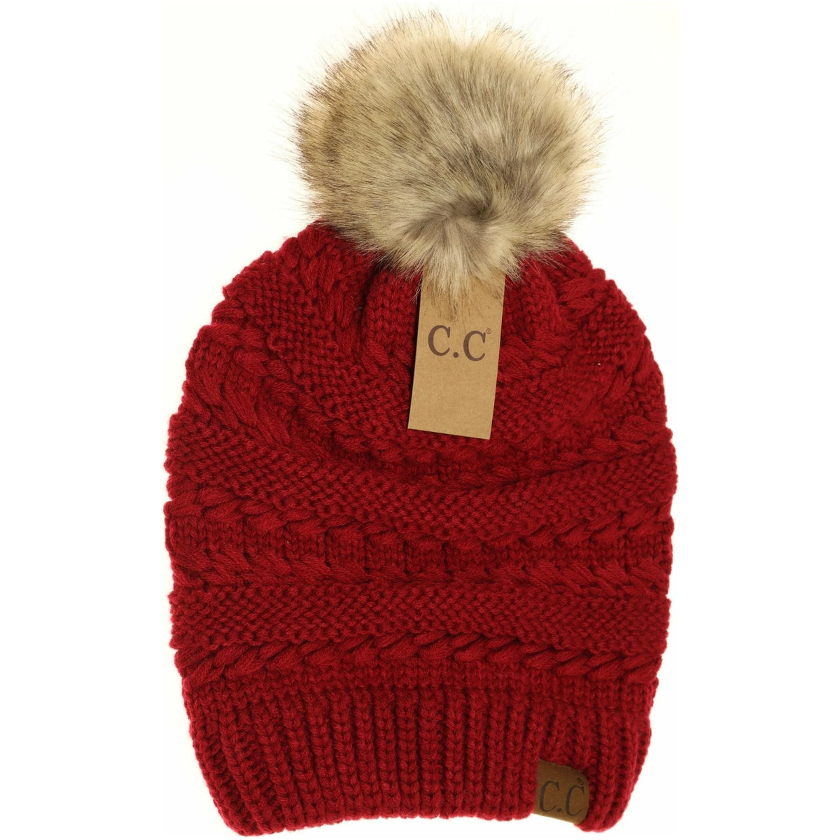 Whipstitch Knit Faux Fur Pom Beanie