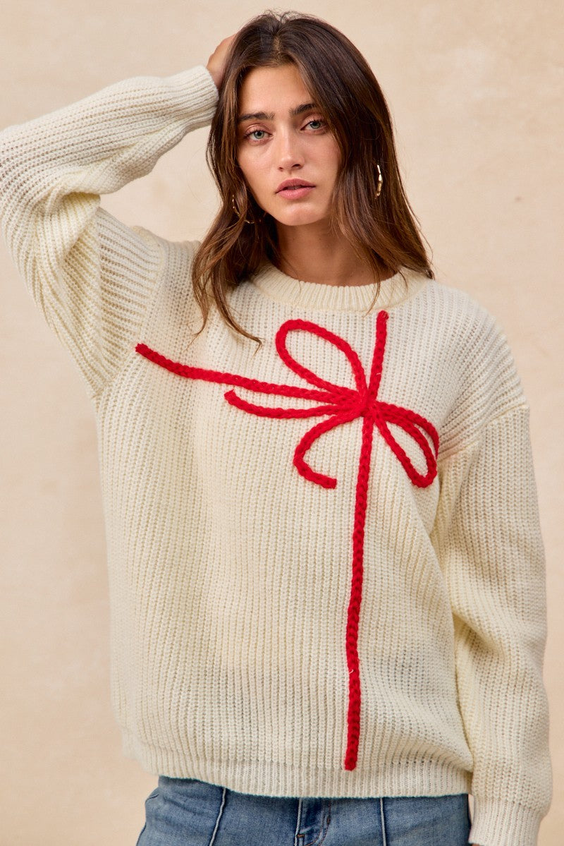 Christmas Ribbon Bow Embroidery Sweater