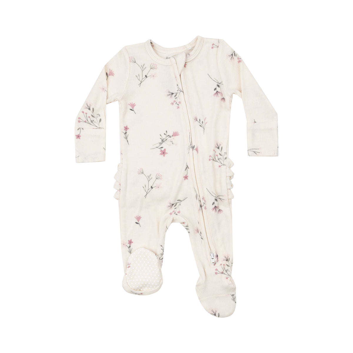 Ribbed Wispy Floral 2 Way Zipper Ruffle Back Footie