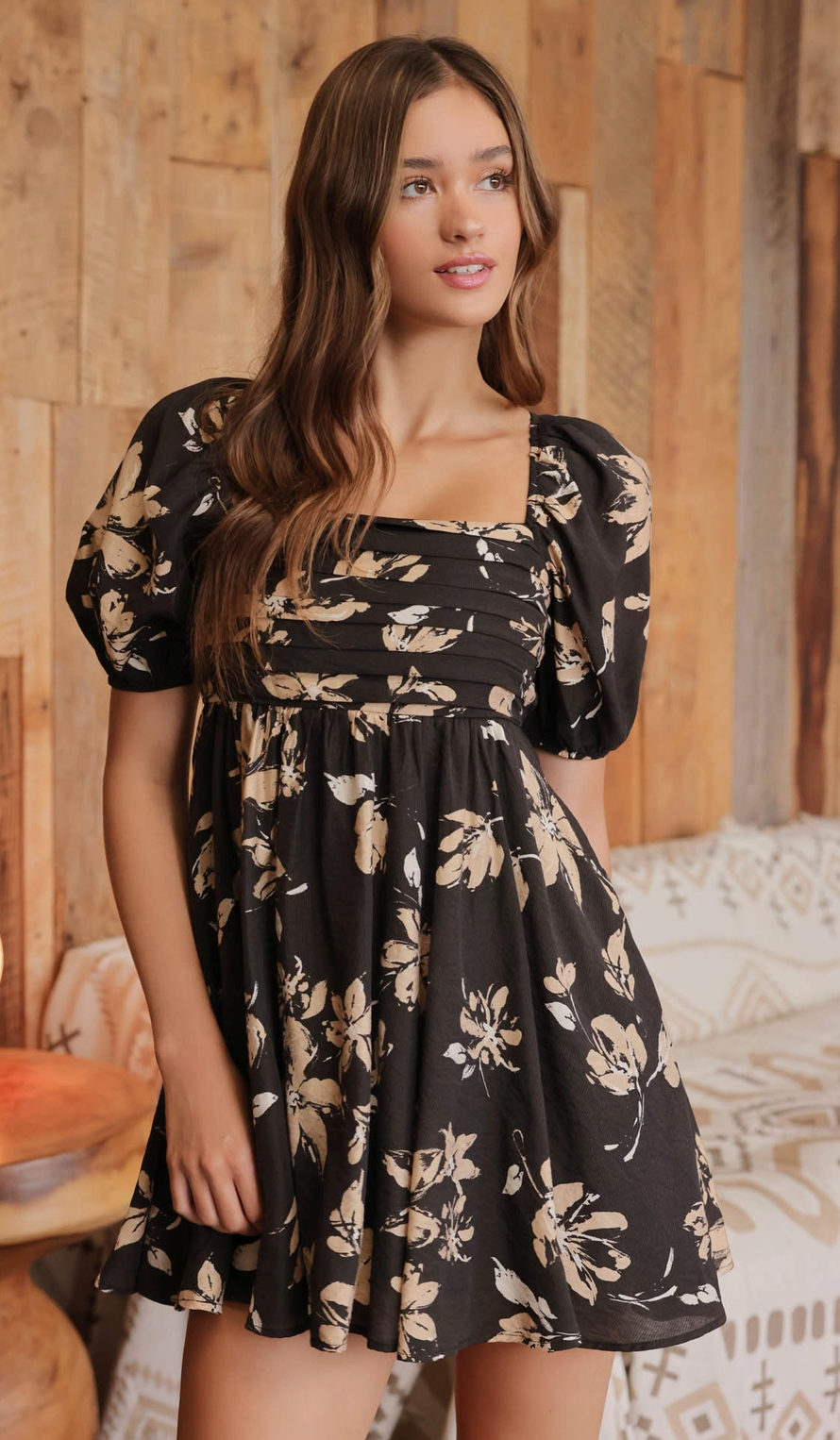 Floral Pleated Puff Sleeve Dress