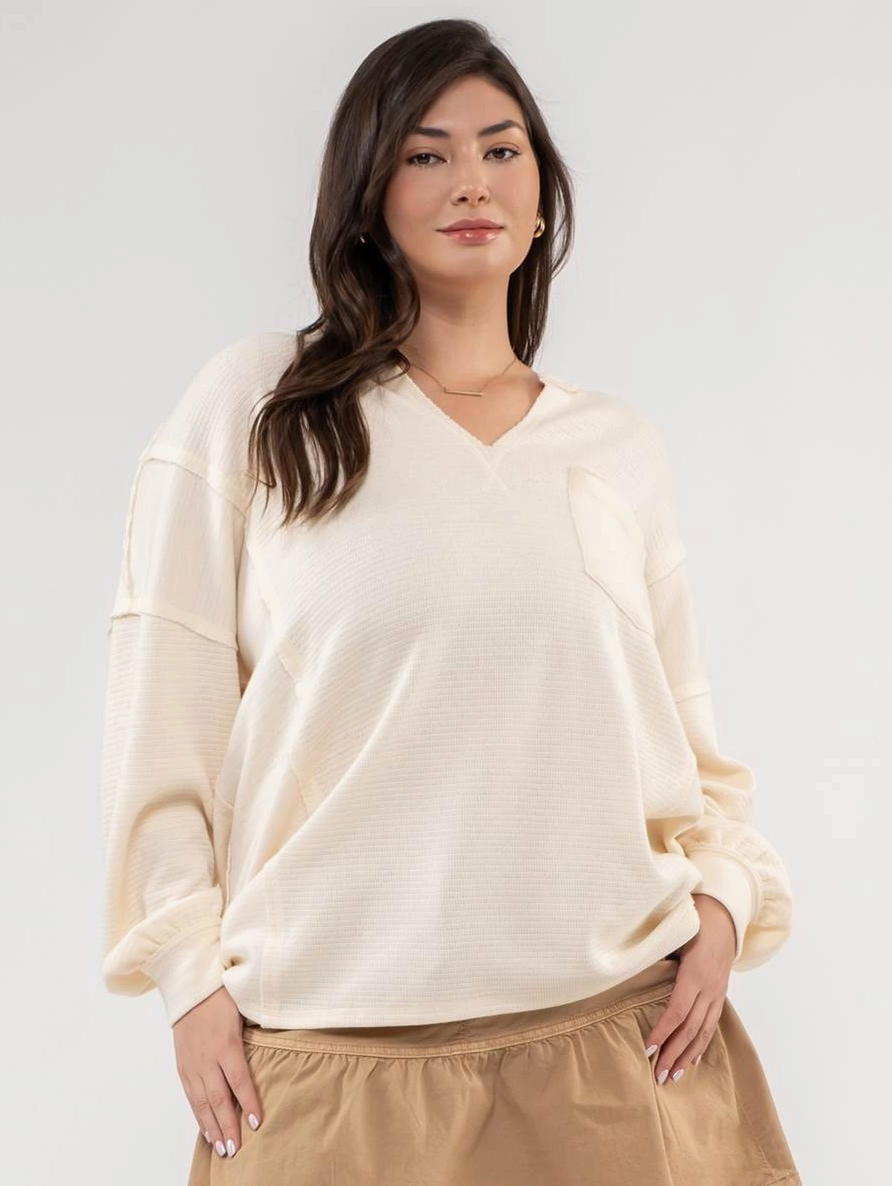 Plus Solid Patchwork Split Neck Knit Top