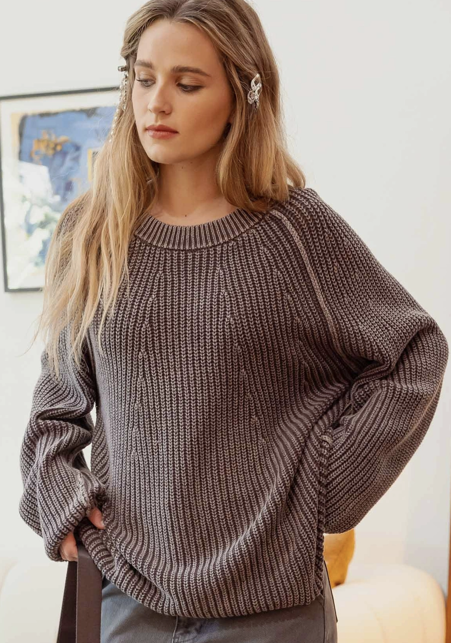 Washed Crewneck Knit Pullover Sweater