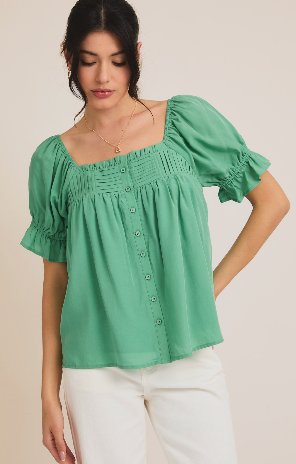 Puff Short Sleeve Button Down Peasant Blouse