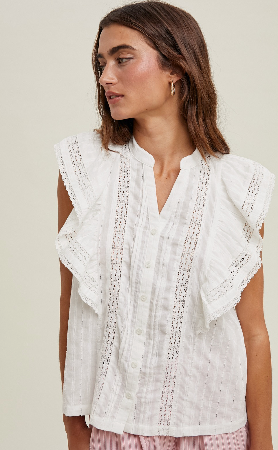 Lace Trim Detail Button-Up Blouse