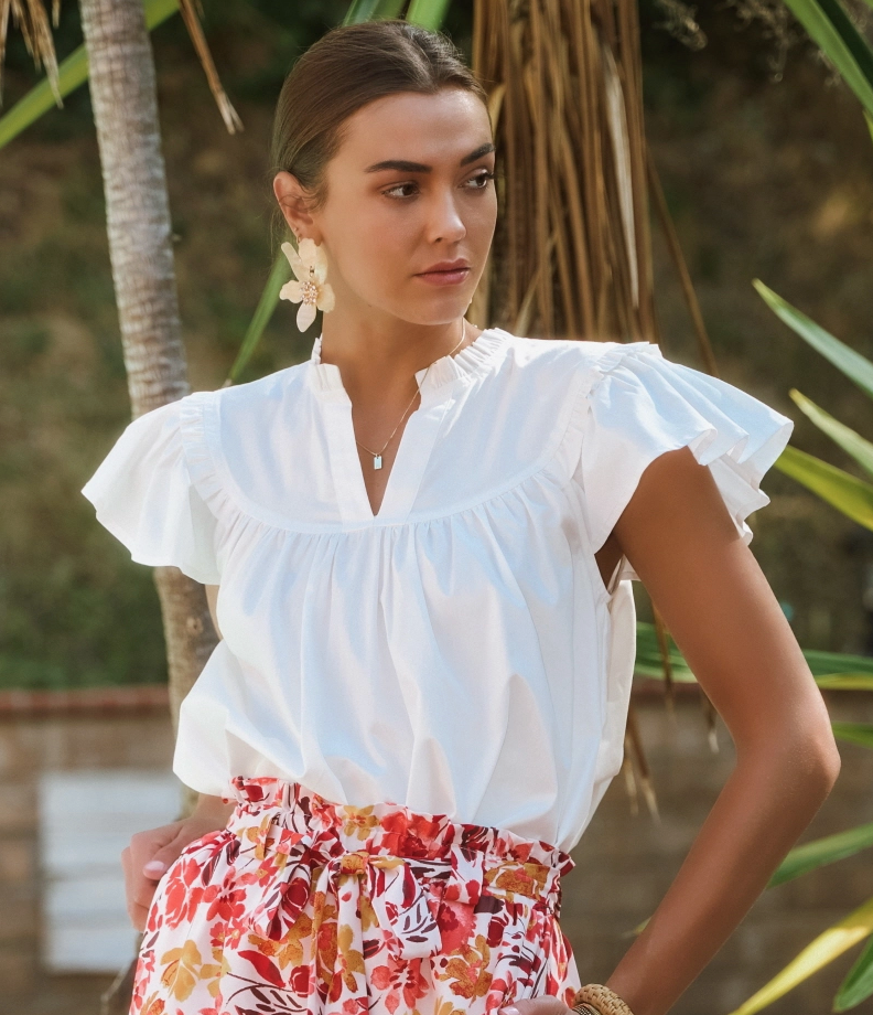 Solid Short Flutter Sleeve Poplin Blouse