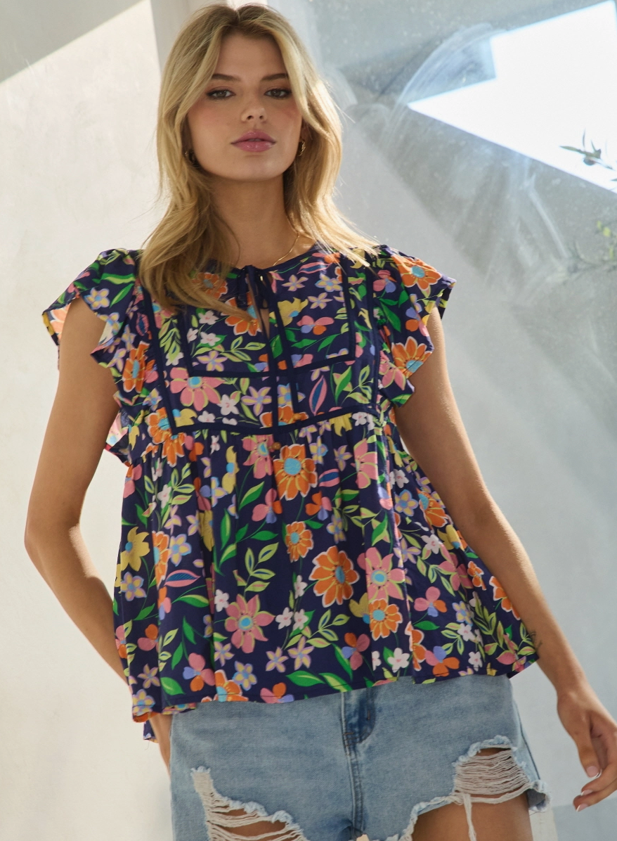 Multi Colored Floral Flutter Sleeve Blouse