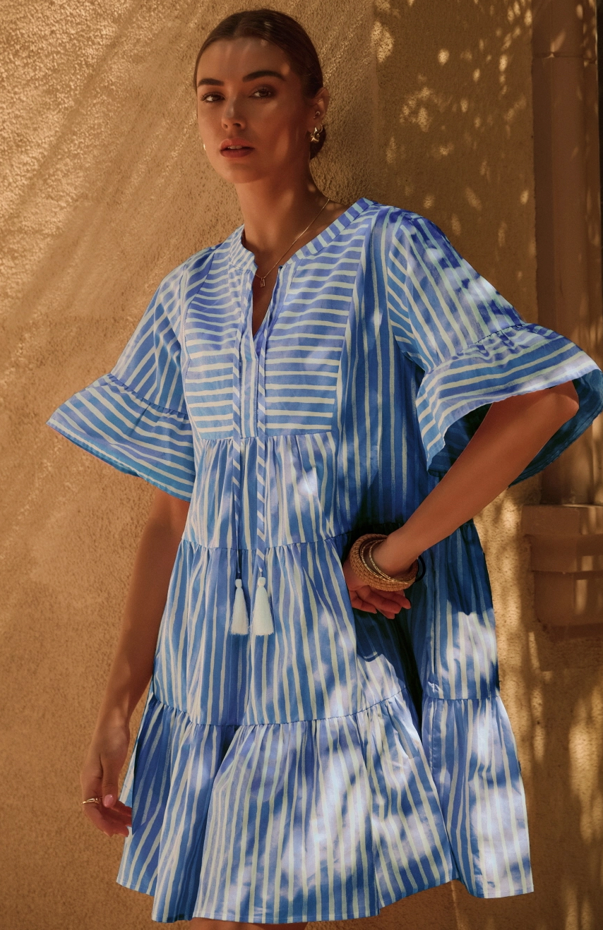 Striped Poplin Tired Baby Doll Mini Dress