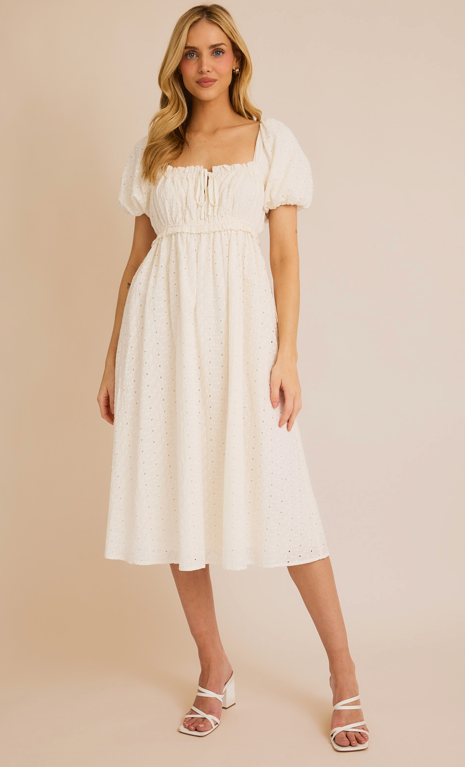 Puff Half Sleeve Eyelet Midi Dress