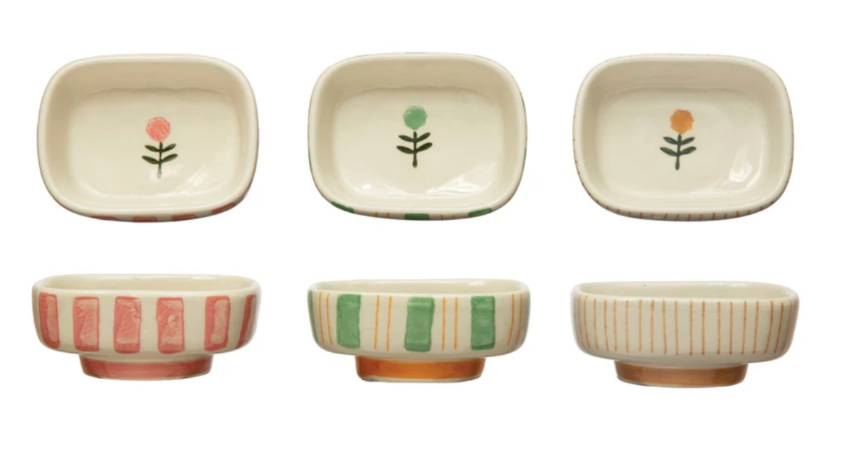 Hand-Painted Stoneware Dish w/ Stripes &amp; Flower