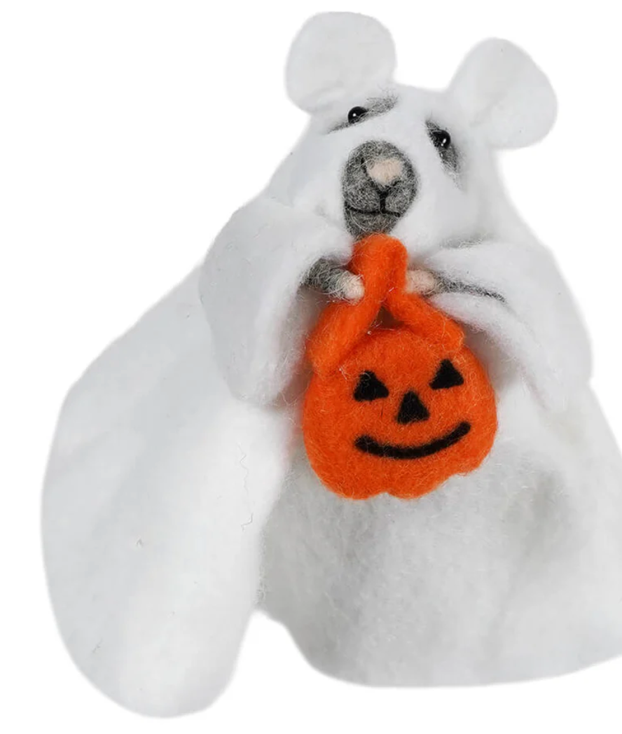 Handmade Fabric &amp; Wool Felt Trick or Treat Mouse in Ghost Costume