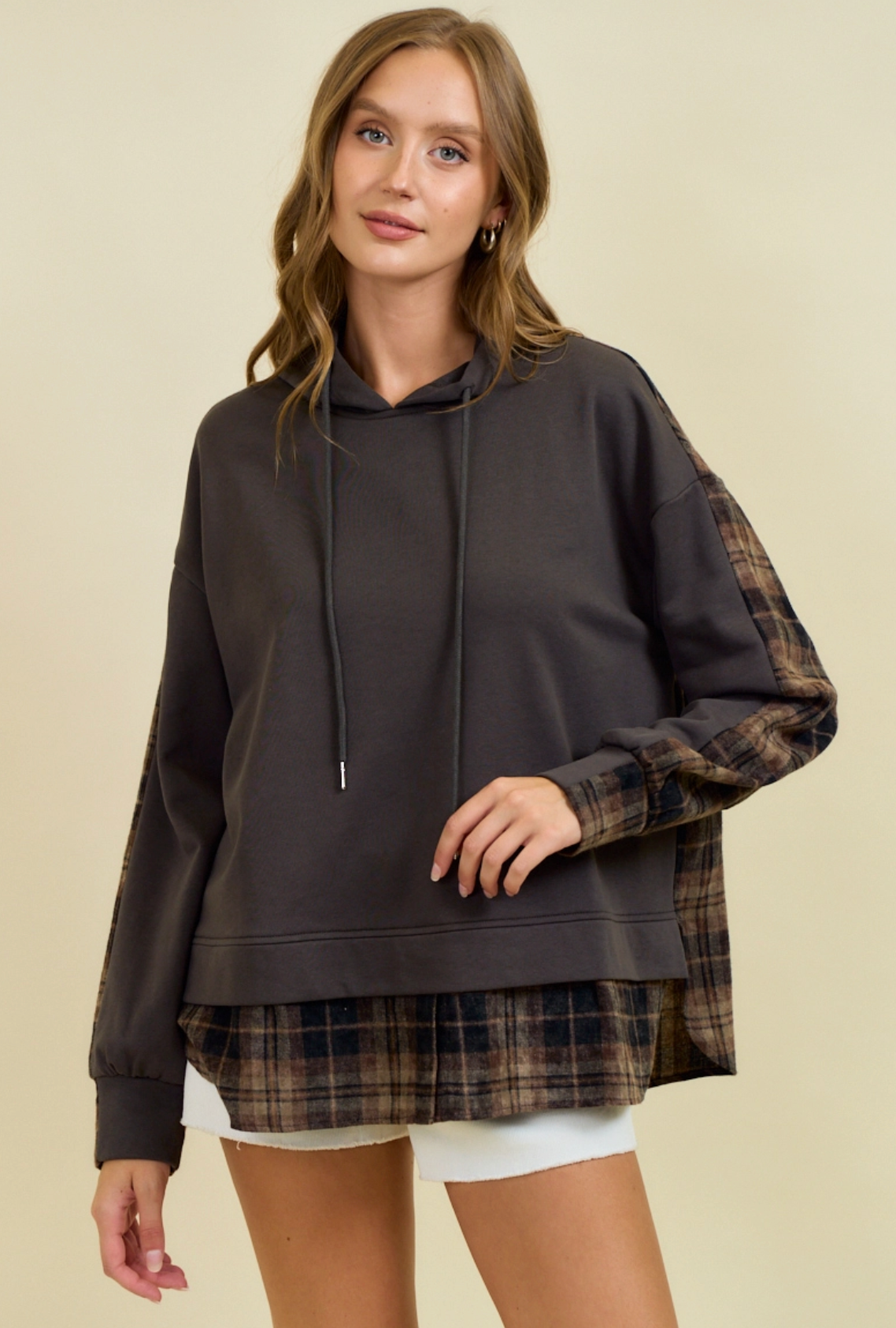 French Terry &amp; Flannel Plaid Mixed Pullover Hoodie