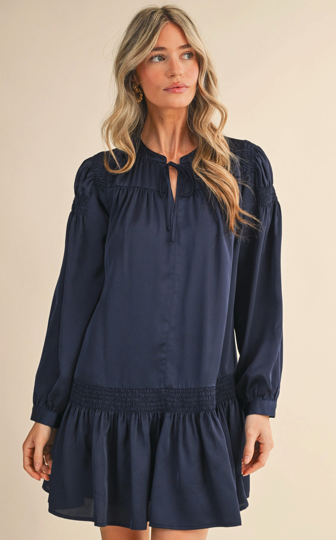 Smocked Detail Satin Mini Dress