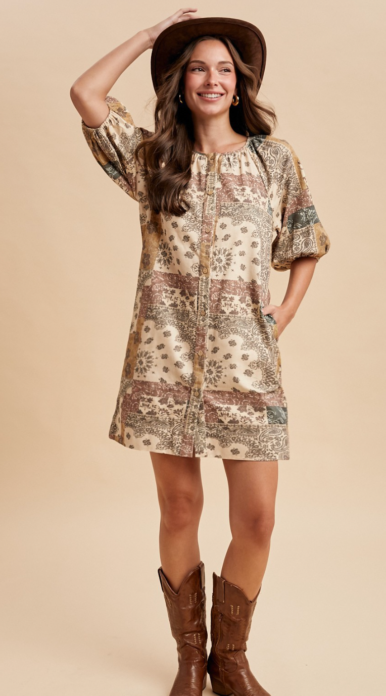 Vintage Boho Print Denim Mini Dress