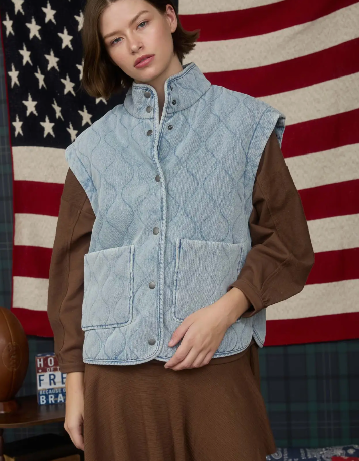 Washed Denim Quilted Button Down Vest