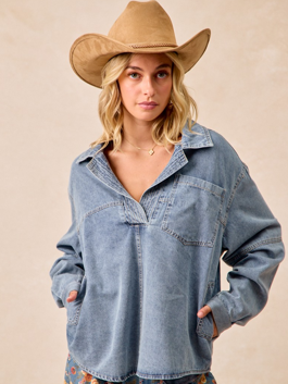 Washed Denim V Neck Collared Top With Side Pocket