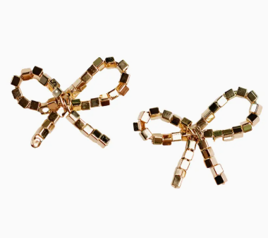 Mini Gold Beaded Bow Holiday Earrings