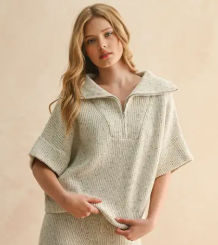Salt &amp; Pepper Knitted Half Zip Short Sleeve Top
