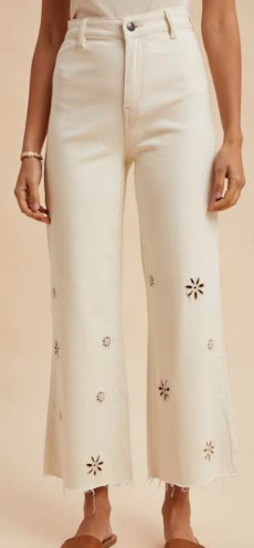 Stretch Eyelet Embroidery Detail Wide Leg Pants