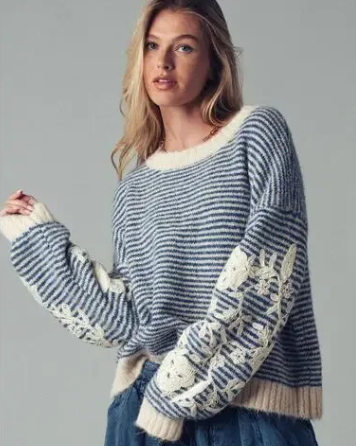 Striped Sweater w/ Floral Embroidery