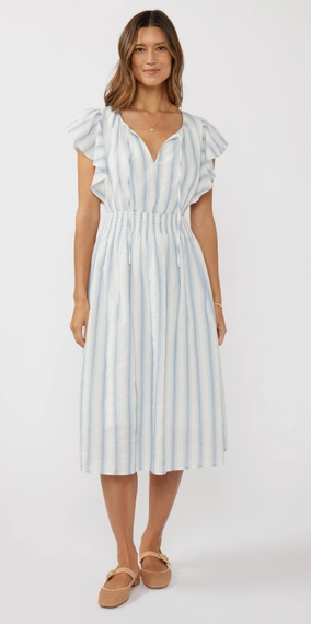 Ruffle Sleeve Split-Neck Smocked Waist Midi Dress