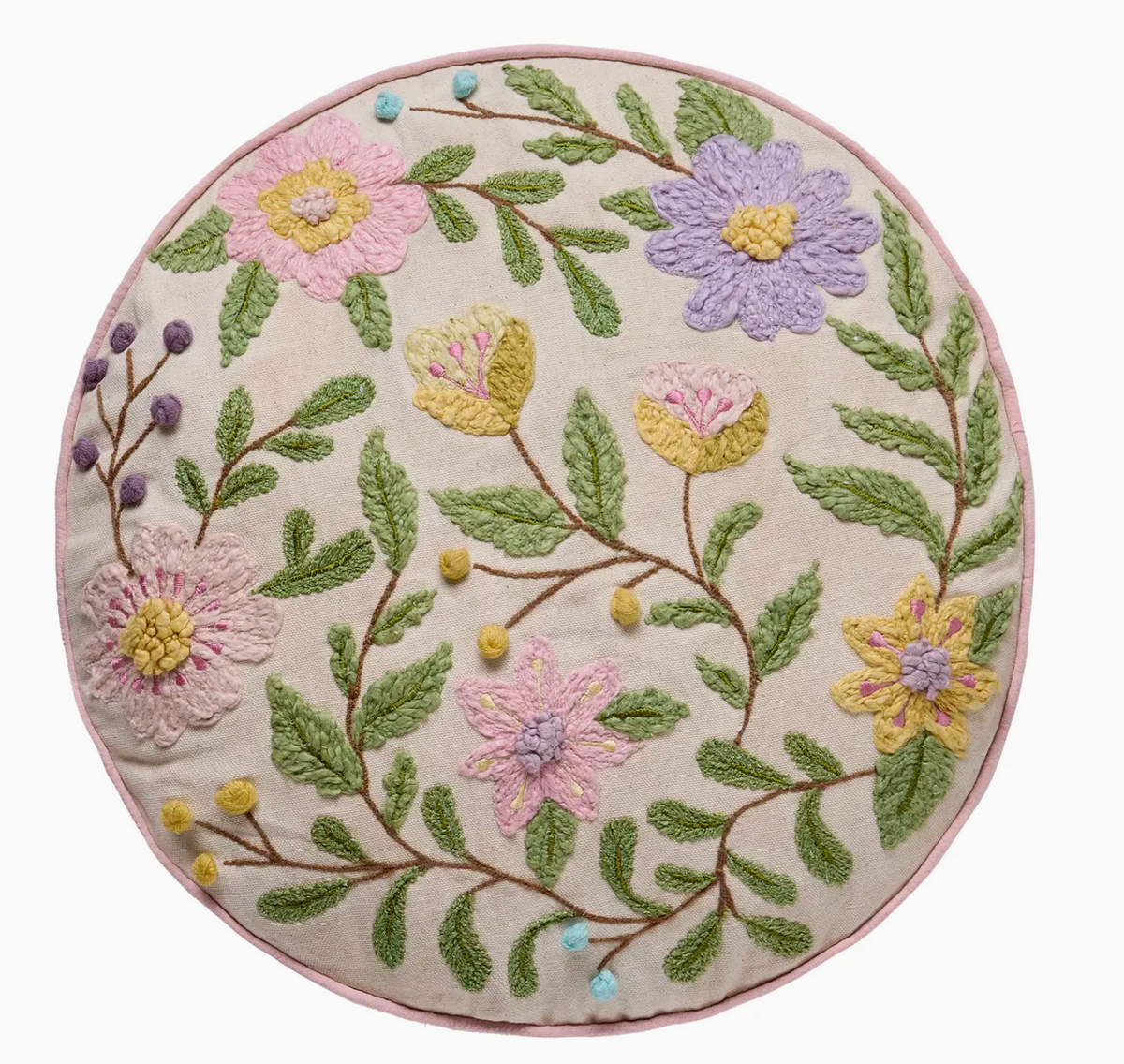 Round Floral Embroidered Pillow