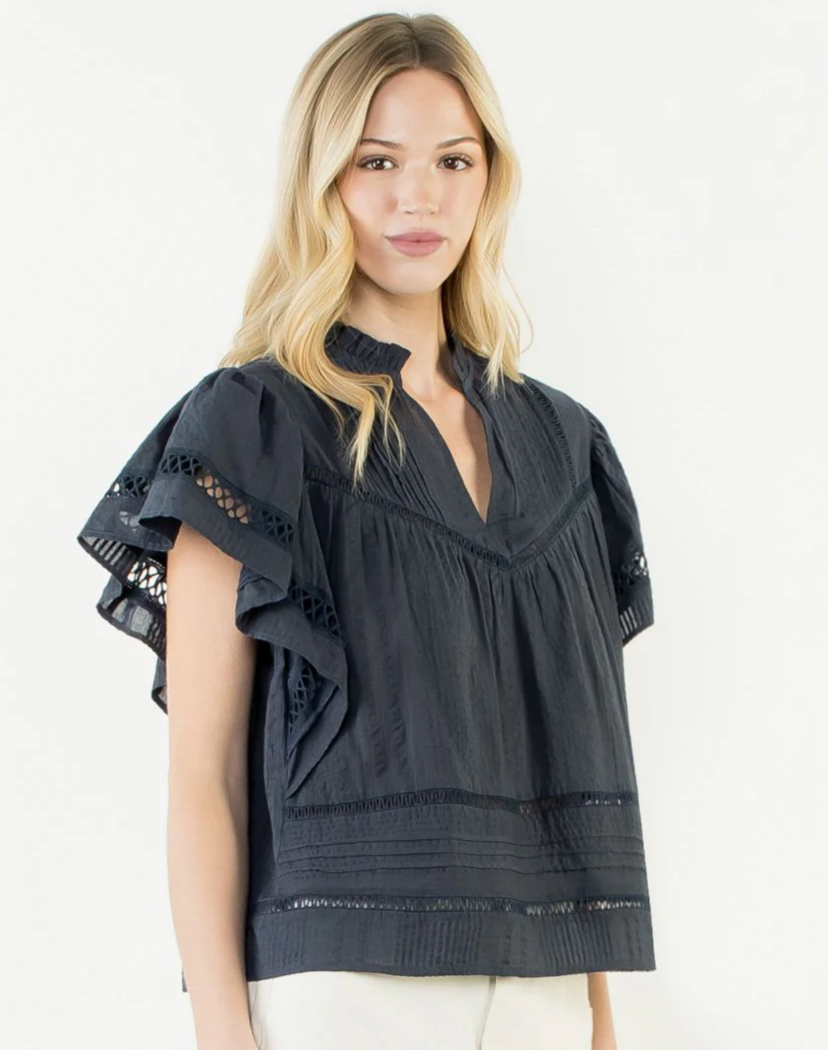 Short Sleeve Lace Detail V-Neck Top