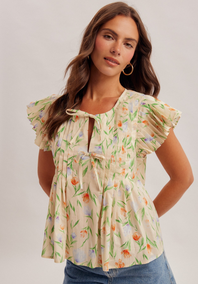 Floral Print Pleated Sleeve Ruffle Top
