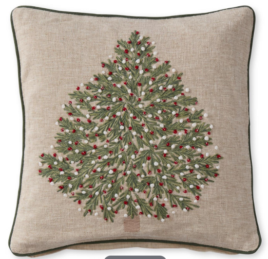 20 Inch Tan Embroidered Christmas Tree Pillow