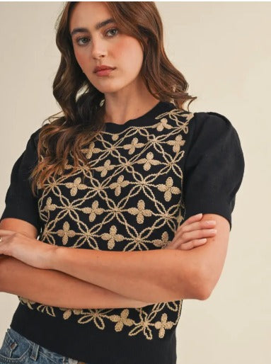 Short Puff Sleeve Embroidery Front Sweater