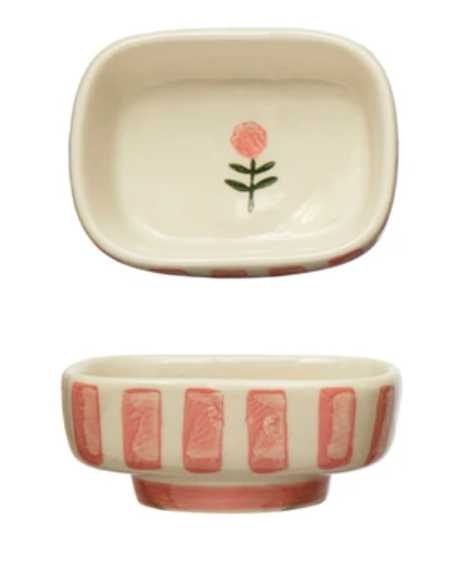 Hand-Painted Stoneware Dish w/ Stripes & Flower