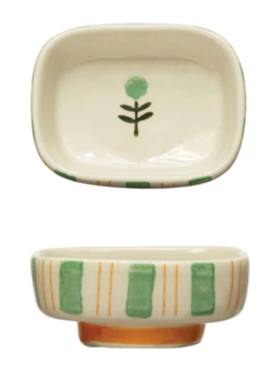 Hand-Painted Stoneware Dish w/ Stripes &amp; Flower