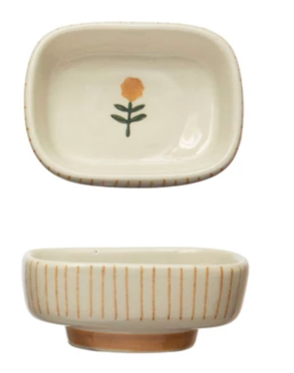 Hand-Painted Stoneware Dish w/ Stripes &amp; Flower