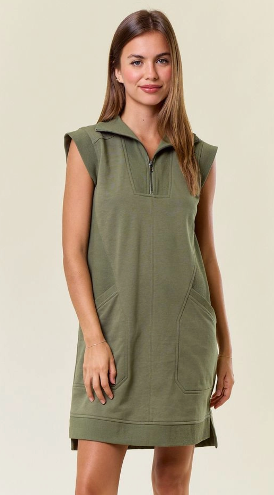 Zip-Front Cap Sleeve Mini Dress w/ Front Pockets