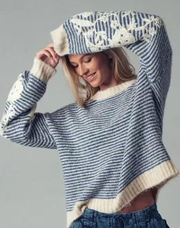 Striped Sweater w/ Floral Embroidery