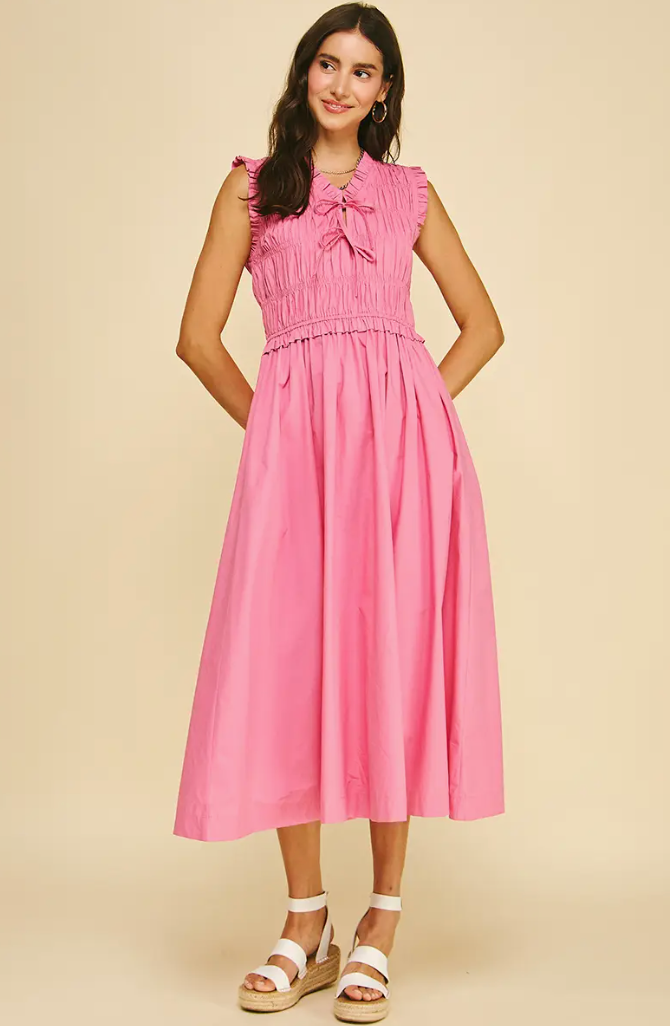Front-Tie Detailed Smocking Midi Dress