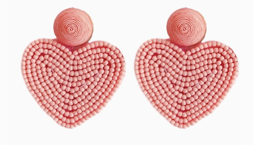 Pink Valentines Day Holiday Beaded Heart Statement Earrings