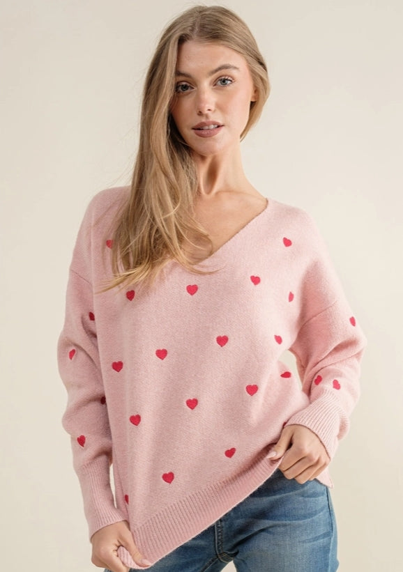 Heart Pattern Boxy Knit Pullover Sweater