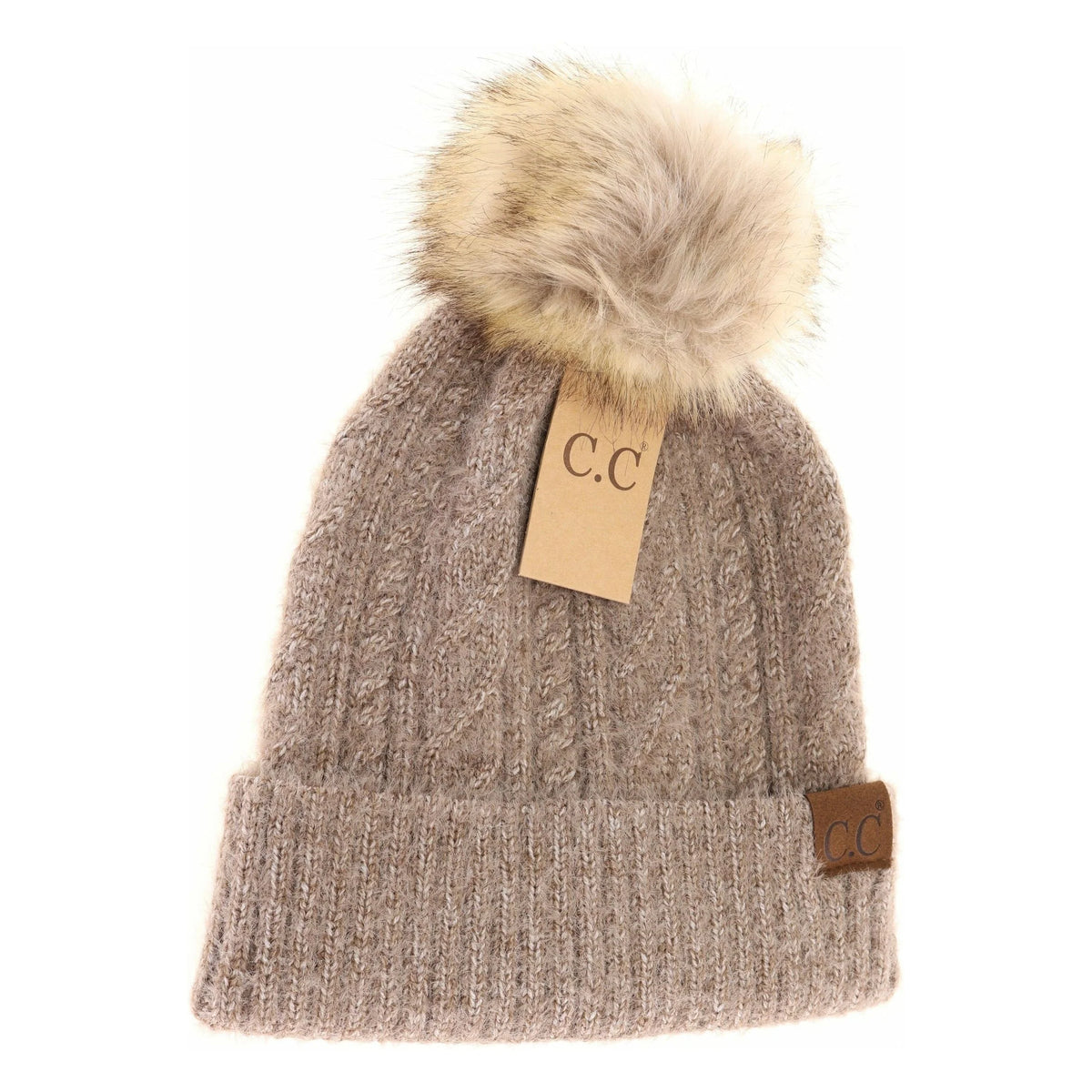 Soft Cuff Cable Knit Fur Pom CC Beanie