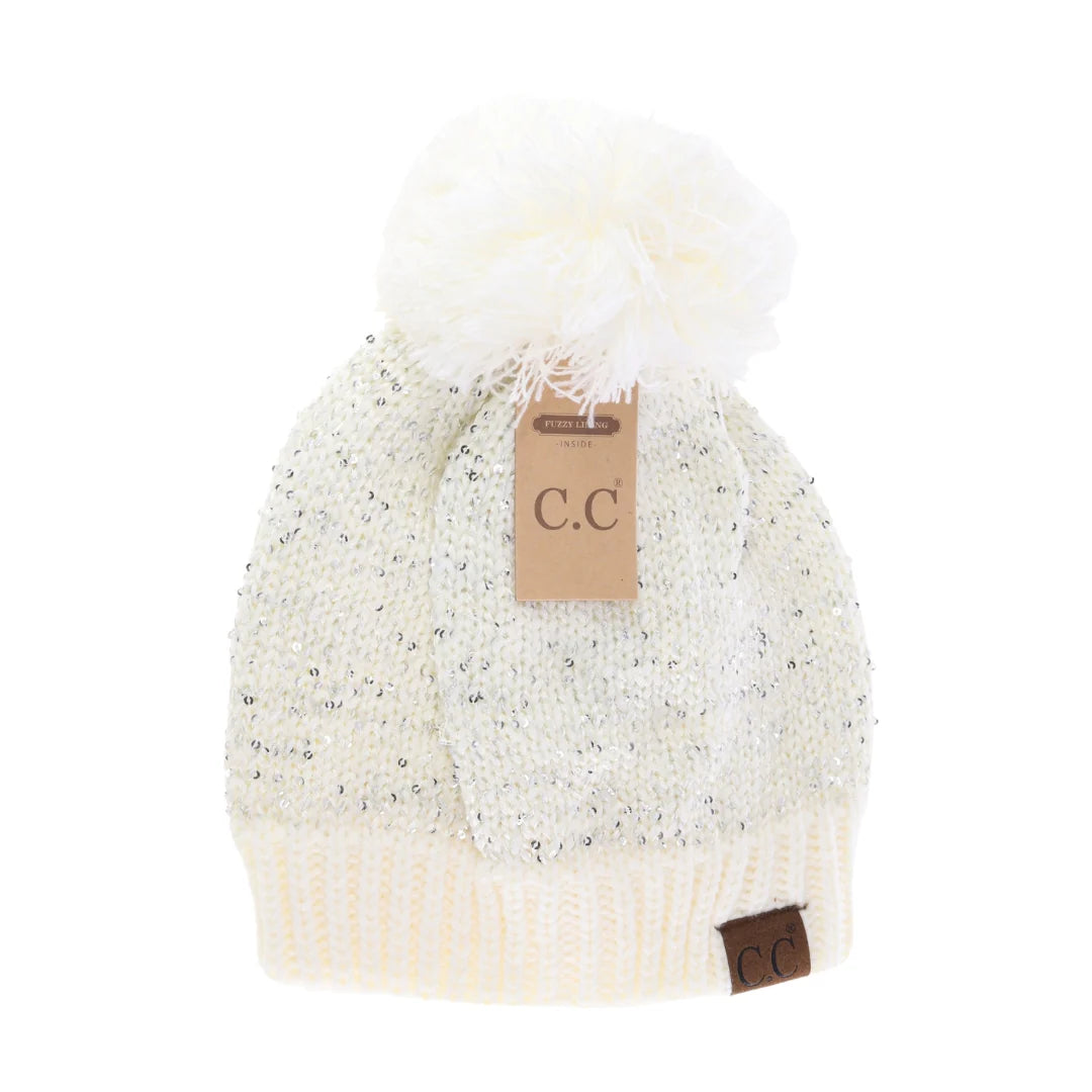 Fuzzy Lined Scatter Sequin Pom Beanie