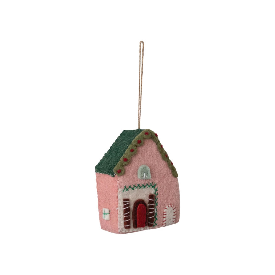 Handmade Wool House Ornament w/applique &amp; embroidery