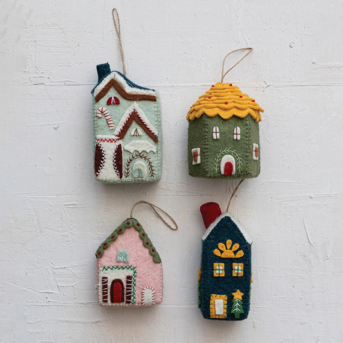 Handmade Wool House Ornament w/applique &amp; embroidery