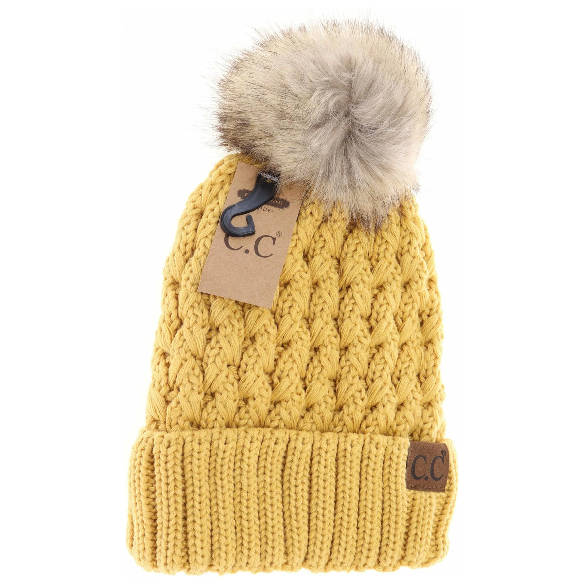 Solid Lattice Stitch Fur Pom Beanie