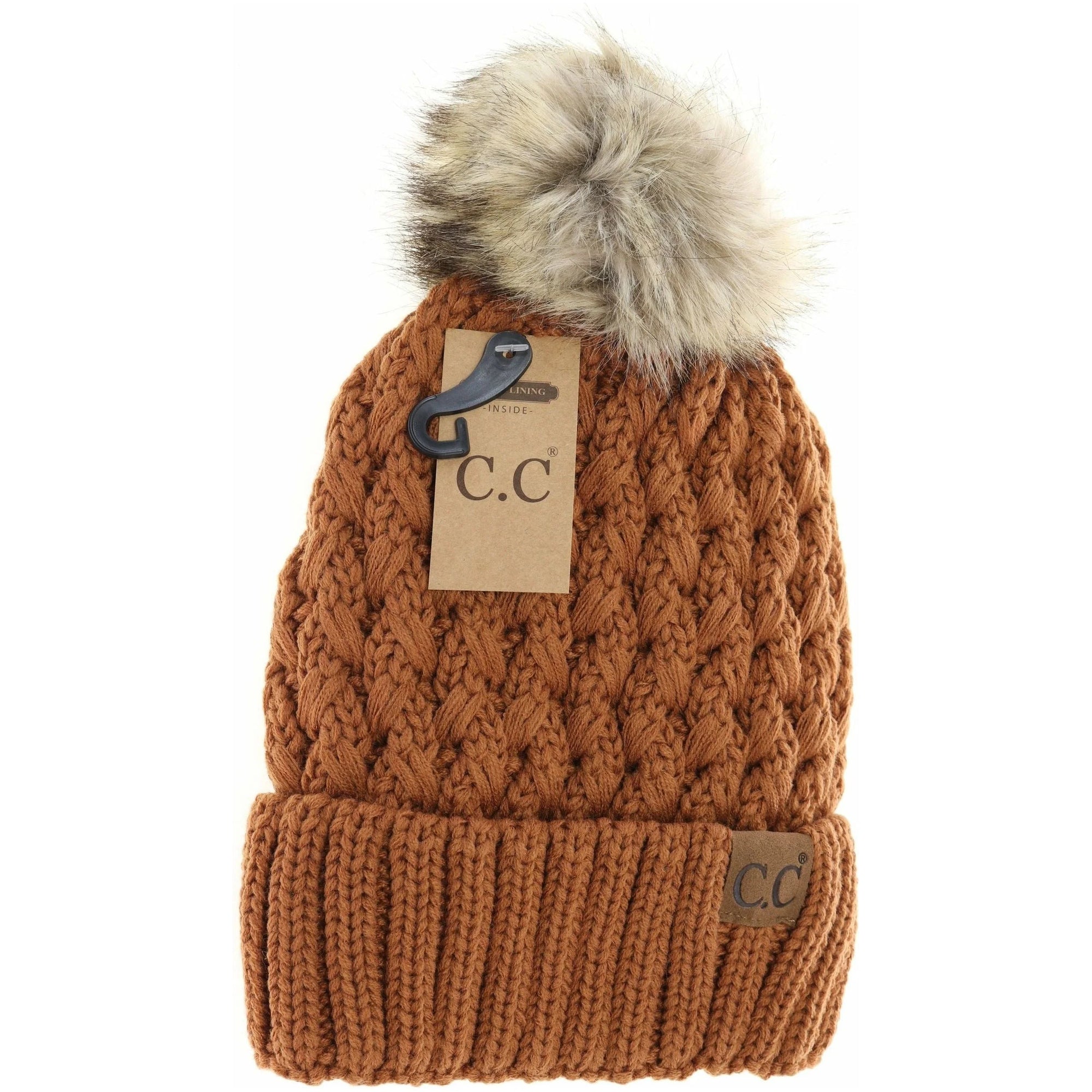 Solid Lattice Stitch Fur Pom Beanie