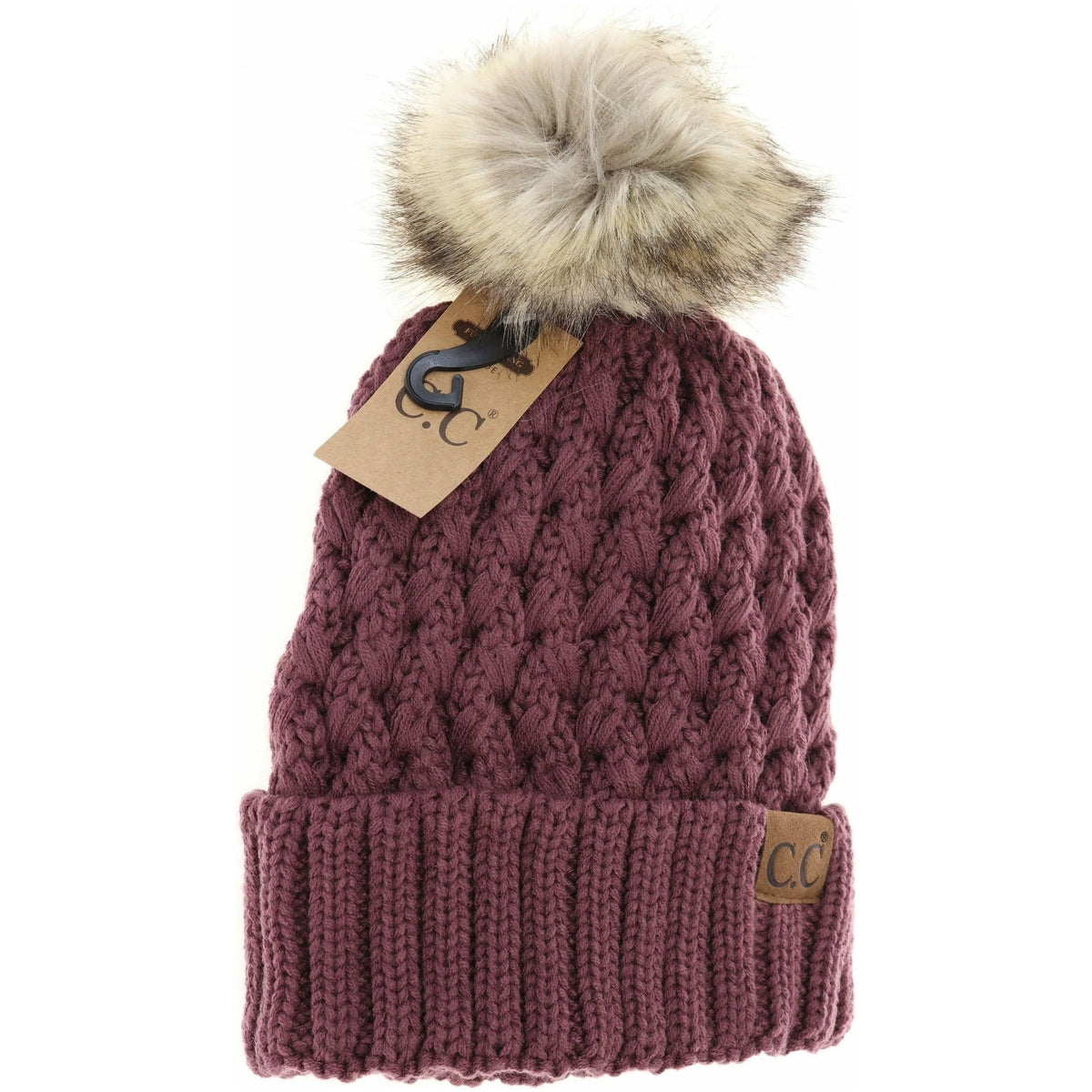 Solid Lattice Stitch Fur Pom Beanie