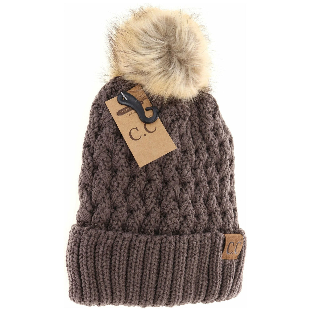Solid Lattice Stitch Fur Pom Beanie